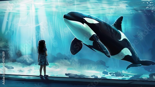curious little girl watches captive orca whale swimming in huge aquarium animal rights concept illustration