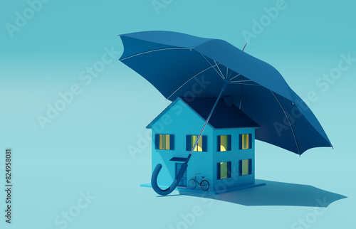 Casa con ombrello, concetto di protezione contro gli infortuni - illustrazione 3d photo