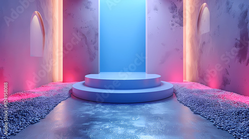 Arrière plan rose et bleu avec présentoir pour des produits avec un rendu 3 D. Plate-forme vide avec podium pour cosmétique, bijoux, maquette ou autres objets. photo