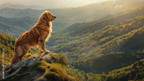 A dog, fur ruffled by the gentle breeze, stands proudly on a cliff edge, gazing out at a breathtaking mountain panorama bathed in warm summer light. 