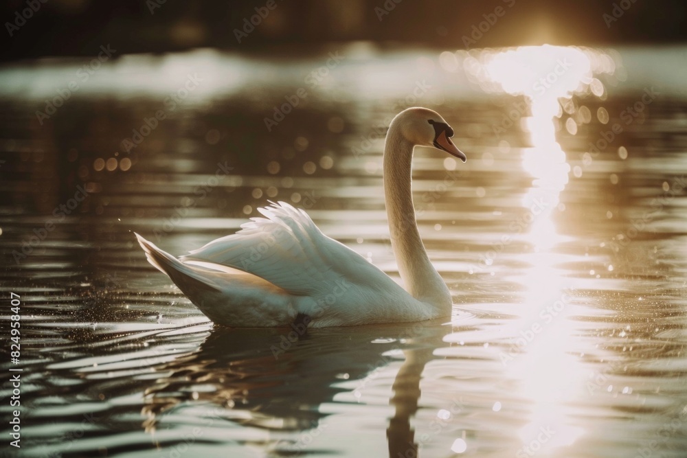 Fototapeta premium Majestic Swan Gliding Over Sun-Kissed Sparkling Water