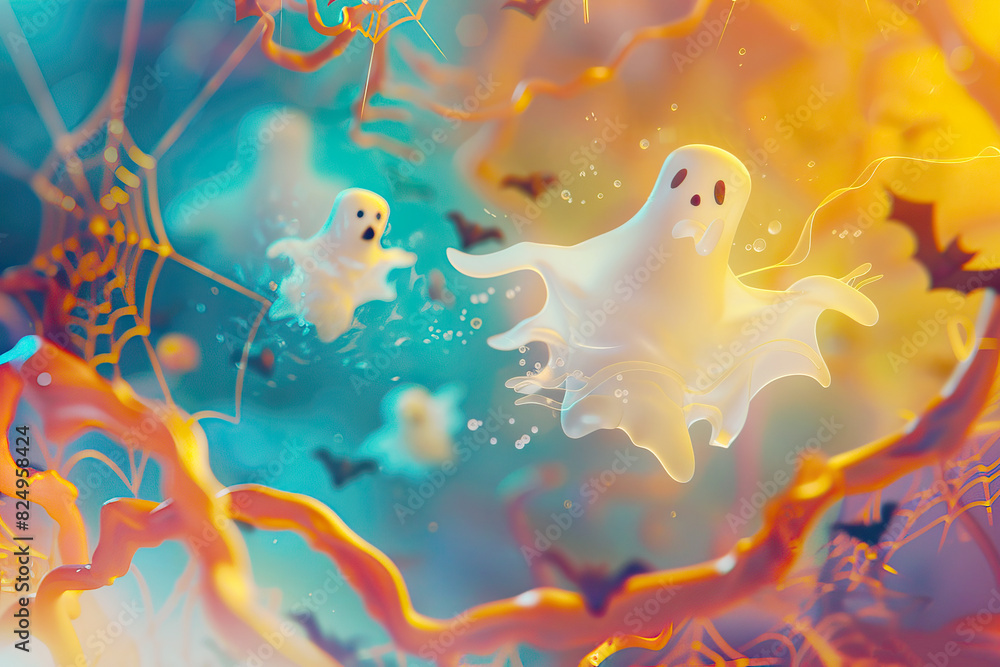 Obraz premium Fun 3D illustrations of cute little ghosts in a fantasy Halloween night.