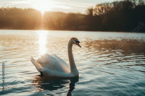 Serene Swan Gliding Across Calm Waters Illuminated by the Soft Embrace of Sunlight in Stunning Close-Up