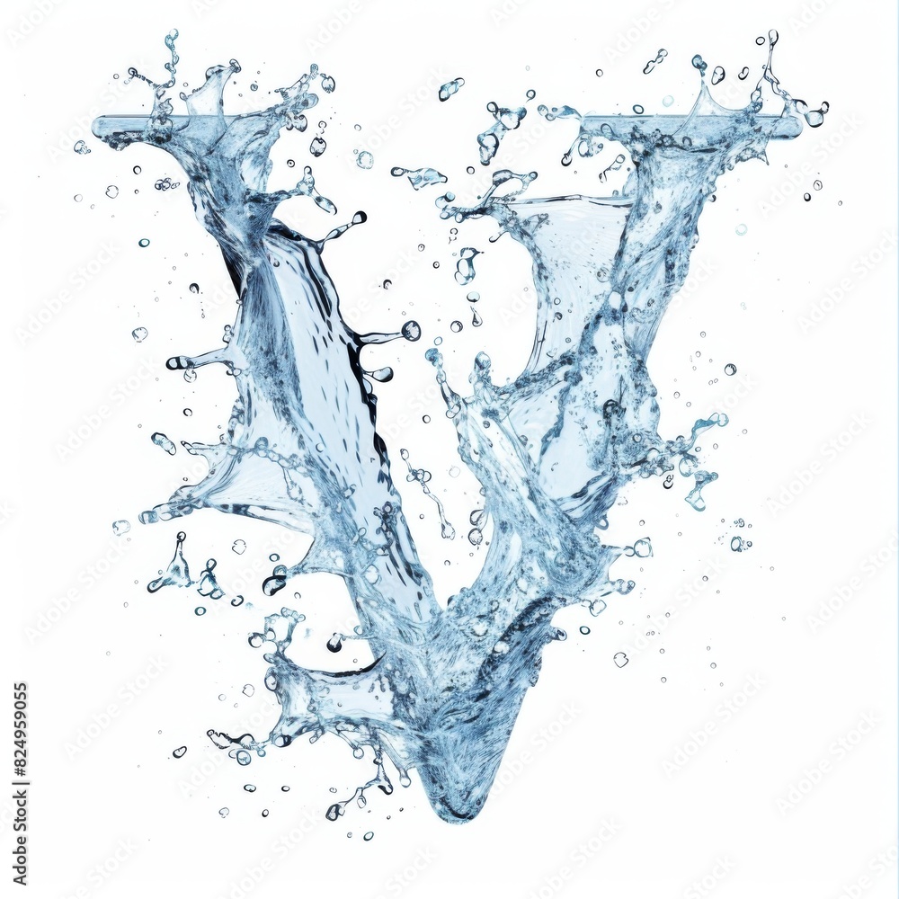 Latin letter V, texture of water, ice and splashes on white background. Close-up of one isolated large letter V. Latin letter V, texture of water, ice and splashes on white background. Close-up of one isolated large letter V.