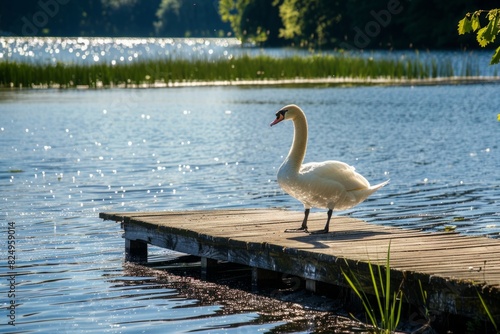 Close-Up of Majestic Swan Standing on Sun-Dappled Water in a Peaceful Lakeside Setting