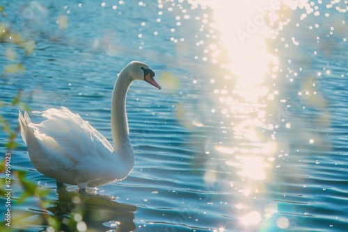 Majestic Swan Standing on Clear  Sunlit Waters Captured in a Beautiful Close-Up