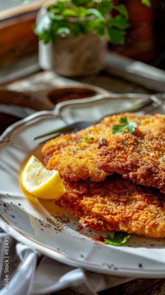 Viennese schnitzel, golden and crispy, lemon wedge on the side, served on a simple white plate, classical Viennese cafe interior Viennese schnitzel, golden and crispy, lemon wedge on the side, served on a simple white plate, classical Viennese cafe interior