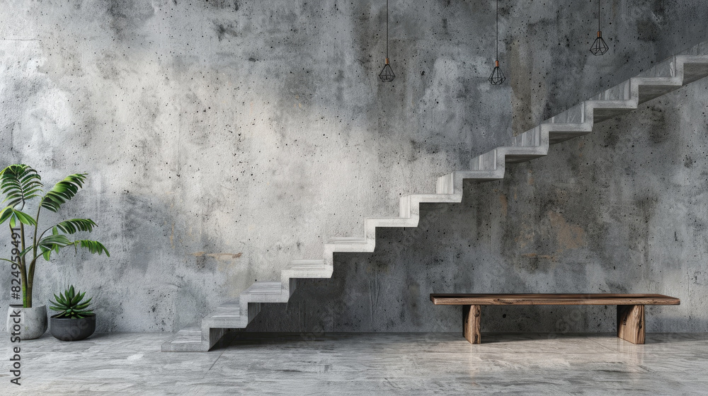 Loft interior design of modern entrance hall with staircase and rustic wooden bench near concrete wall with copy space Loft interior design of modern entrance hall with staircase and rustic wooden bench near concrete wall with copy space
