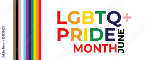 Pride Month banner with progress pride flag color crisscross stripe background for LGBTQIA. LGBTQ support or event social media banner or post template, greeting card, poster, flyer.