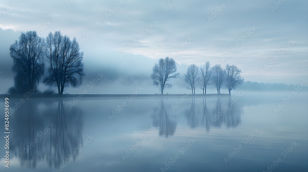 Misty Morning Serenity: Capturing the Ethereal Beauty of Dawn by the Lake, Where Fog and Light Dance in Harmony in a Tranquil Natural Setting