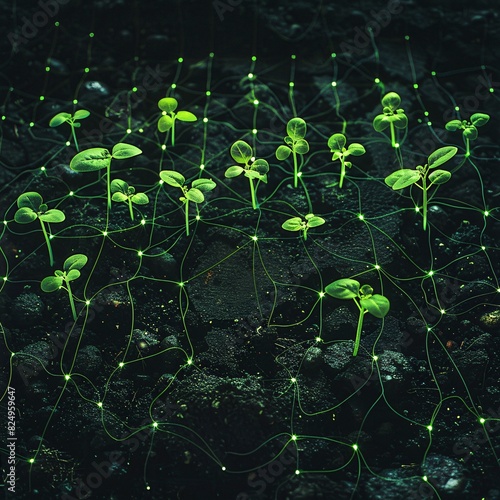 A network of glowing green sprouts emerging from dark soil, symbolizing digital connectivity and the growth of technology.