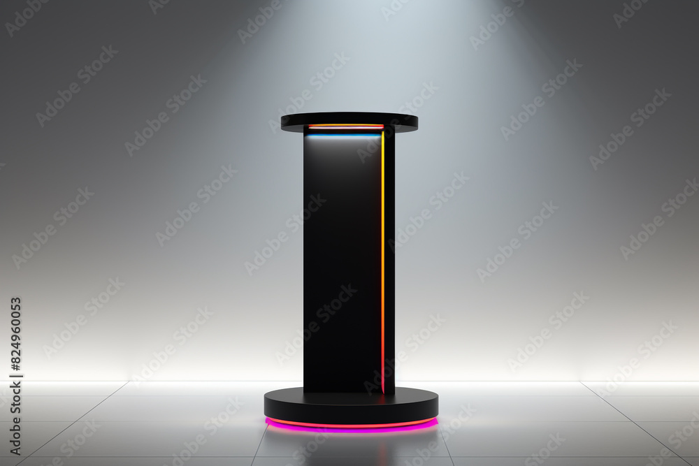 A black pedestal with a neon modern stand in a white room, showcasing an empty product shelf against a blank exhibition stage backdrop. A black pedestal with a neon modern stand in a white room, showcasing an empty product shelf against a blank exhibition stage backdrop.