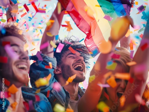 Loving LGBTQ+ friends waving rainbow flags, colorful confetti falling, close up, celebration theme, realistic, Overlay, party backdrop
