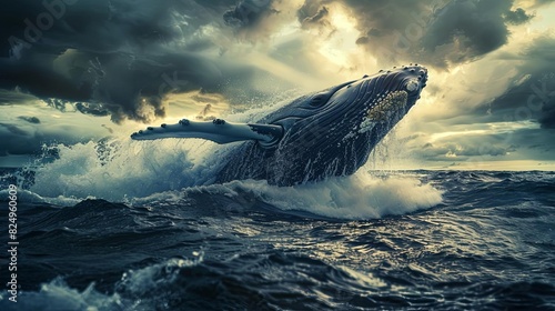 dramatic cinematic portrait of a majestic whale breaching the ocean surface powerful wildlife photography concept photo