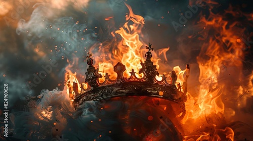 dramatic depiction of fiery flames and smoke engulfing medieval kings crown powerful conceptual art photo