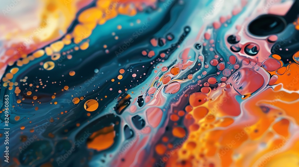 Rich and Colorful Paint Pour Blobs Mixed with Oil in Macro Shot - UHD Image Rich and Colorful Paint Pour Blobs Mixed with Oil in Macro Shot - UHD Image