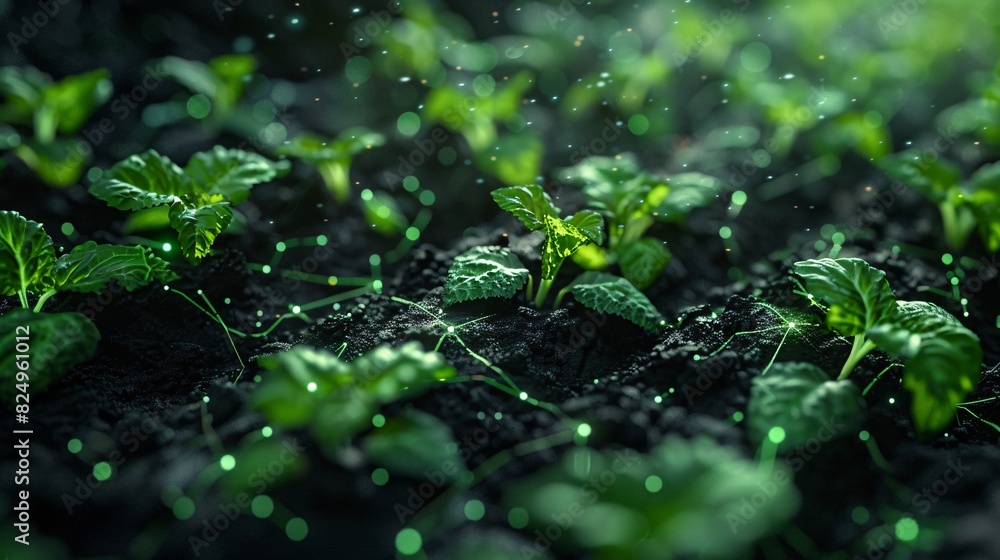 Close-up of fresh green plant seedlings growing in fertile soil with water droplets and glowing particles, symbolizing growth and nature. Close-up of fresh green plant seedlings growing in fertile soil with water droplets and glowing particles, symbolizing growth and nature.