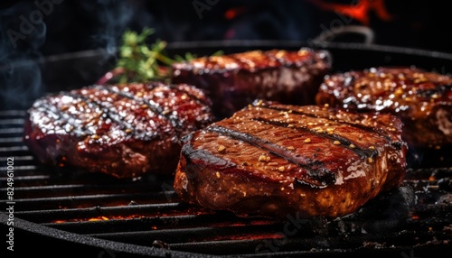 Four succulent, juicy steaks sizzling on a charcoal grill with flames and smoke rising, perfectly cooked for a delicious outdoor barbecue.