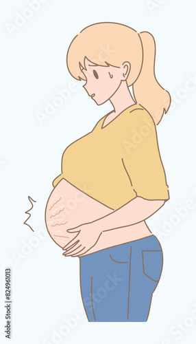 Pregnant woman with huge belly with stretch marks on last months of pregnancy, stomach ache. Hand drawn flat cartoon character vector illustration.