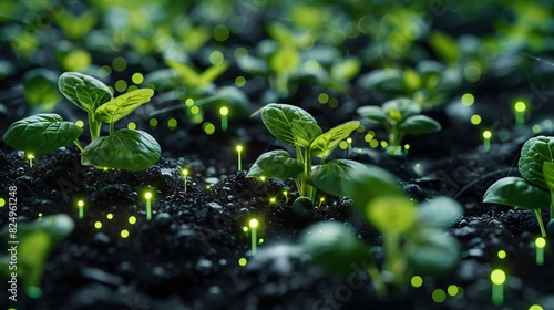 Close-up of fresh green seedlings sprouting in fertile soil with glowing particles, symbolizing growth and the magic of nature. photo