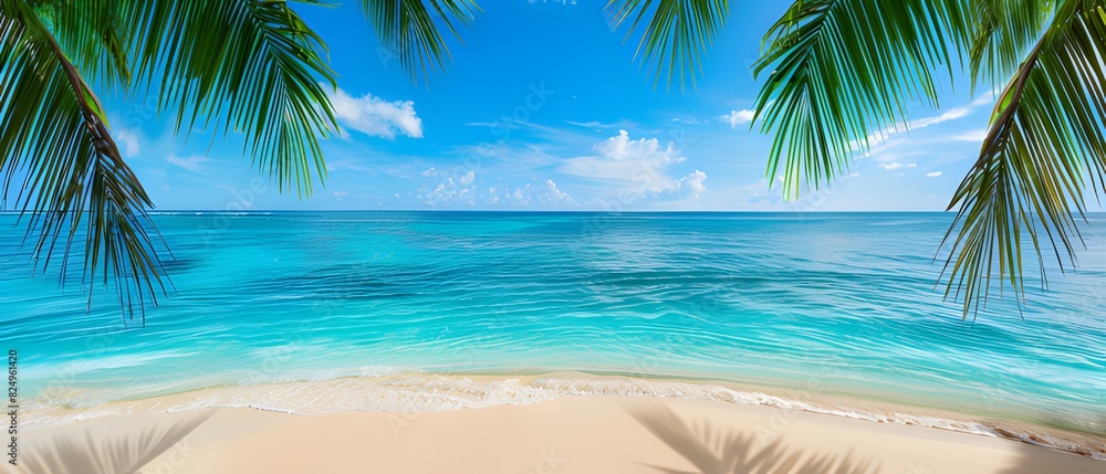 Banner of a Tropical Beach with Palm Trees and Space for Text. Summer Banner of a Tropical Beach with Palm Trees and Space for Text. Summer