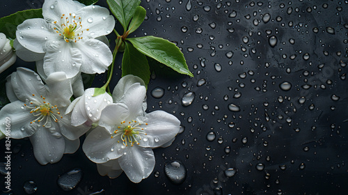 White jasmine flowers on a dark background with drops