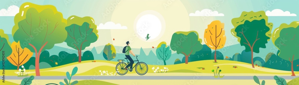 The image shows a man riding a bicycle in a park