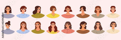 Set of female user portraits. Collection of varios young women faces. Isolated flat vector in simple cartoon style.