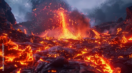 A fierce lava stream cascading out of a volcanic crater, showcasing the raw power of nature in action
