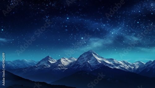 Stunning night sky over serene snow-capped mountains, illuminated by countless stars, creating a tranquil and mesmerizing landscape.