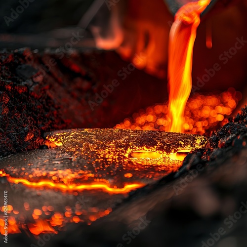 Close-up of molten metal pouring into a mold, Macro, Warm hues, High-resolution photo, Detailed texture photo