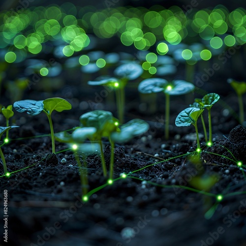 Close-up of plant seedlings glowing with green light bokeh effect at night in a garden, showcasing growth and nature's beauty.