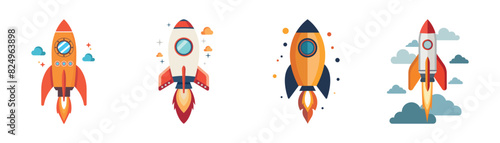 Rocket icon set. Spaceship icons in flat design. Colorful cartoon rocket launch illustration - stock vector.