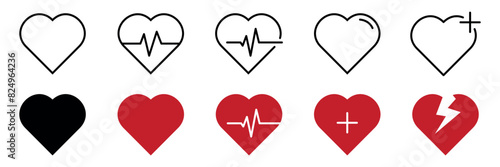 Red heart icons vector. Set of heartbeat icon. Symbol cardiogram heart in linear style - stock vector.
