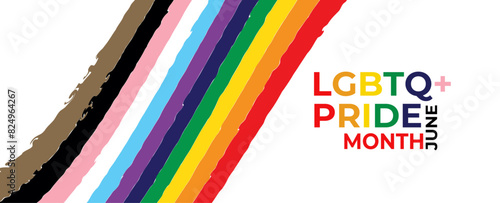 LGBTQ+ Pride Month Banner. LGBTQ Pride Month Text with Wavy Pride Flag Design Element. transgender flag celebrate pride month or day. poster, banner, cover, flyer, brochure. 
