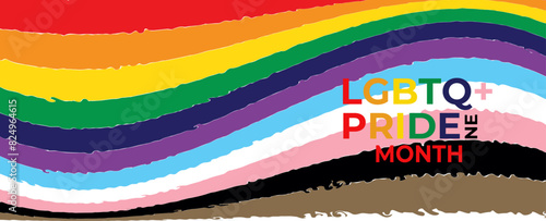 LGBTQ+ Pride Month Banner. LGBTQ Pride Month Text with Wavy Pride Flag Design Element. transgender flag celebrate pride month or day. poster, banner, cover, flyer, brochure. 