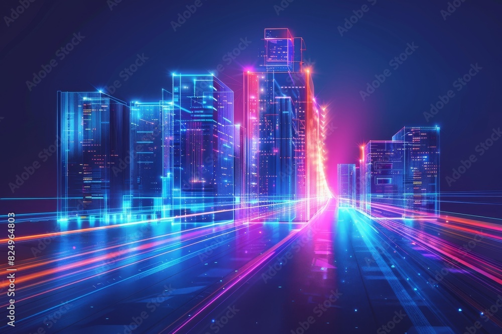 A cityscape with neon lights and a colorful blur of lights A cityscape with neon lights and a colorful blur of lights