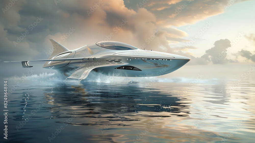 A futuristic boat with wings, soaring above the water A futuristic boat with wings, soaring above the water