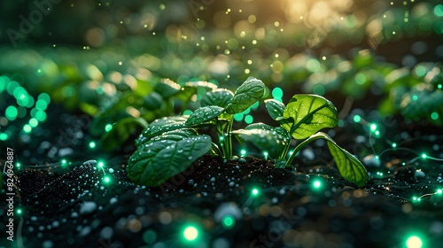 Close-up of seedlings with glowing particles in a vibrant, green environment under warm, soft sunlight, representing growth and energy. photo
