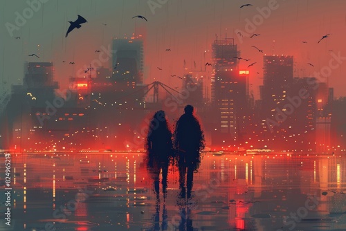 Two People Walking in the Rain With City Skyline in Background