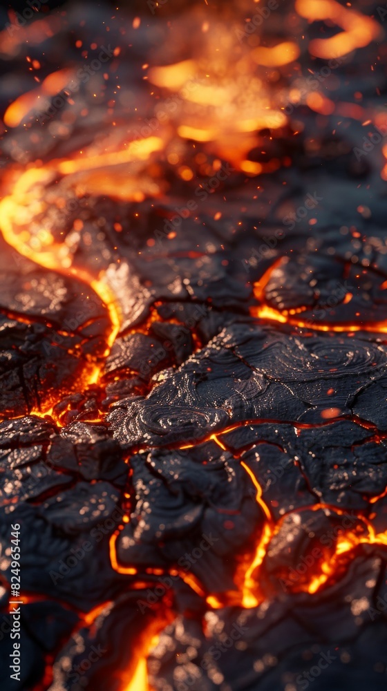A close-up view of lava flowing through the ground, showcasing the intense heat and molten movement A close-up view of lava flowing through the ground, showcasing the intense heat and molten movement