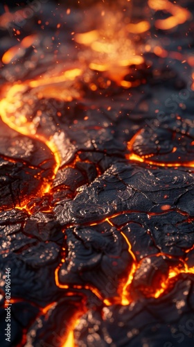 A close-up view of lava flowing through the ground, showcasing the intense heat and molten movement