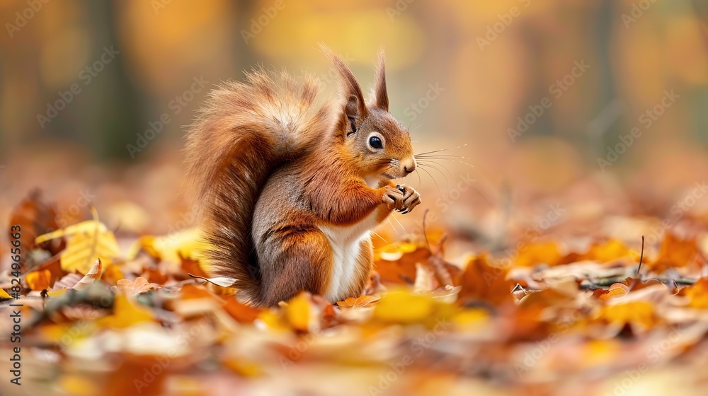 The Eurasian red squirrel Sciurus vulgaris in its natural habitat in the autumn forest.Generative Ai The Eurasian red squirrel Sciurus vulgaris in its natural habitat in the autumn forest.Generative Ai