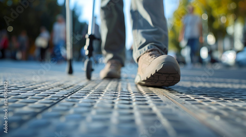 Blind pedestria walking on tactile paving, generative ai