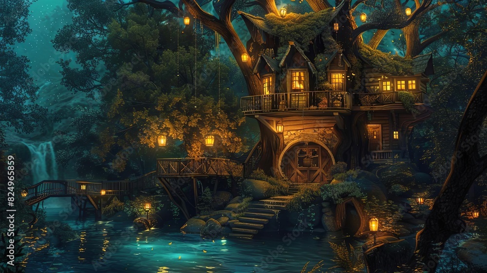 enchanting tree house retreat with swimming pool glowing lanterns in the forest digital painting