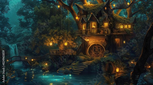 enchanting tree house retreat with swimming pool glowing lanterns in the forest digital painting