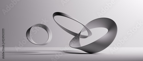 3d rendering. Abstract background of linked twisted rings. Curvy blank mobius ribbon. Modern white minimal wallpaper. Light and shadow