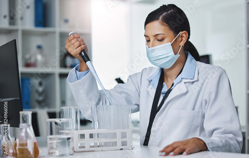 Woman  scientist and medical research for covid 19  vaccine and pipette with sample  mask and lab for pharma. Female person  technician and virus in healthcare for chemistry in forensic for testing