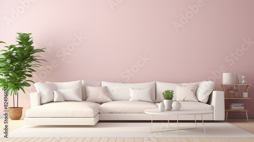 A bright and cheerful living room with pastel pink walls, a comfortable white sectional sofa, and a blank white frame mockup standing on a white side table.