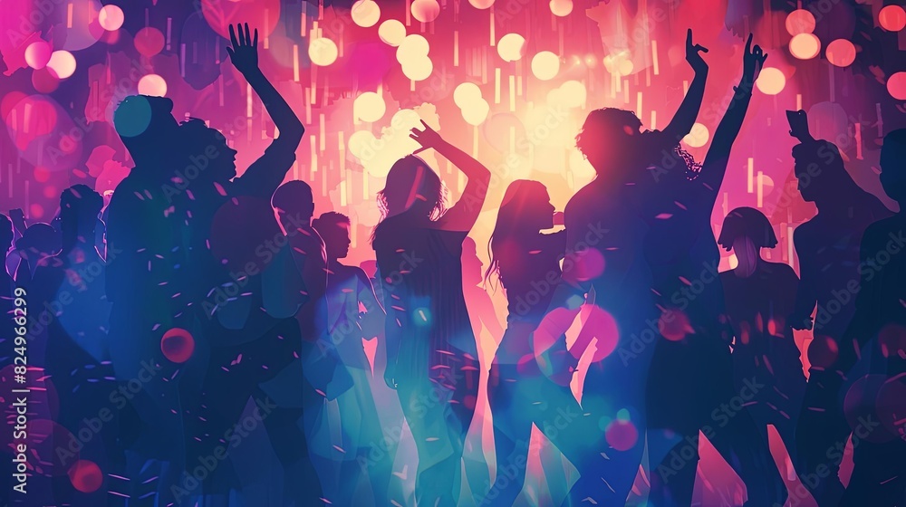 energetic crowd silhouettes dancing at night club party digital illustration
